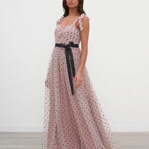NWT Dusty Pink And Black Polka Dot Mesh Maxi Dress